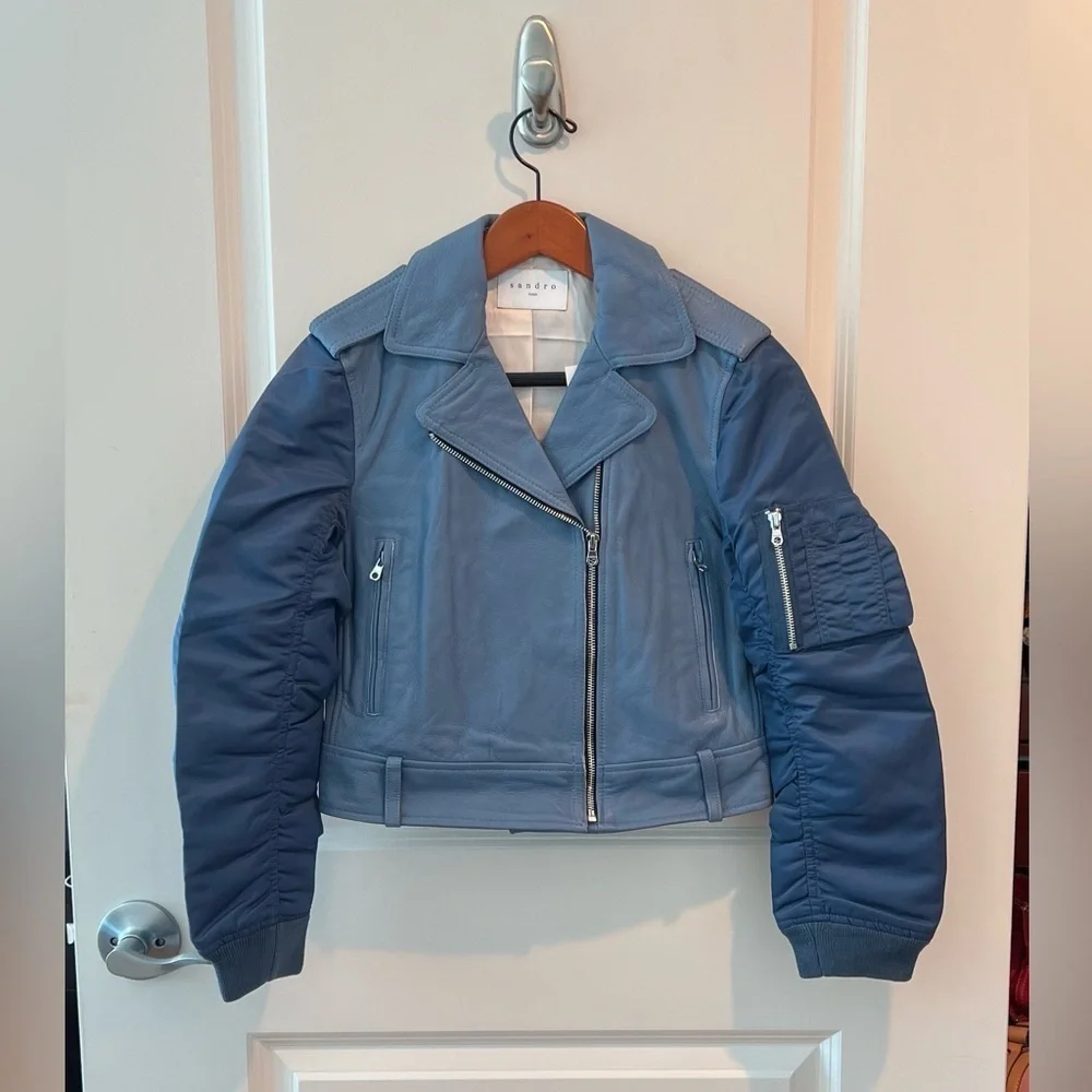 SANDRO Blue Ruched Shell-Paneled Sleeves Leather Goat Biker Jacket - Picture 3 of 16